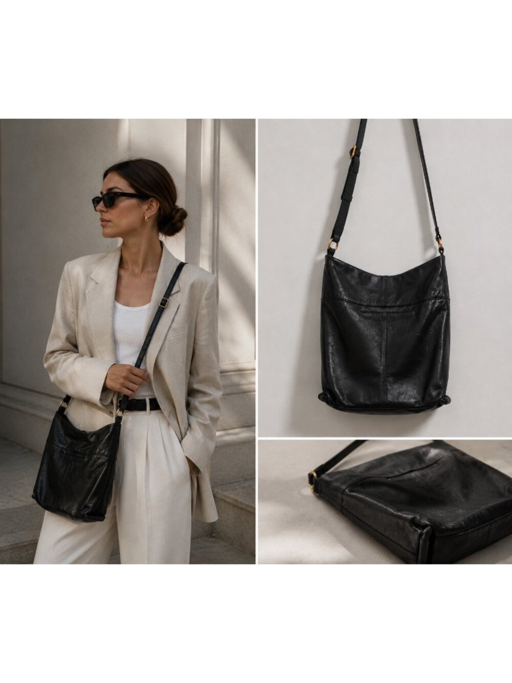 HOBO Black Leather Crossbody Bag Adjustable Strap Soft Leather Boho Minimalist - Picture 15 of 15